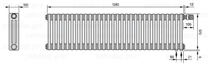 Схема (чертеж) Радиатор Zehnder Charleston 3057/30 №V002 Белый глянцевый RAL 9016
